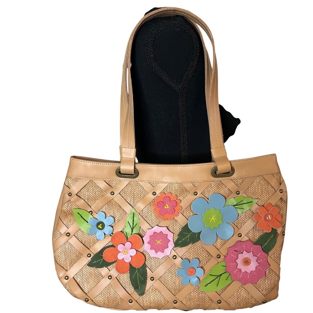 J.Jill Woven Straw Leather Floral Applique Shoulder Tote Bag Purse lmited ediion